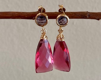 Pink Rhodolite Quartz Gold Earrings. Gold Edged Posts. Faceted Pink Triangle Shape Quartz Danglers. Fine Jewelry.