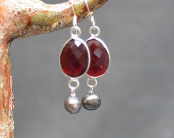 Red Quartz Black Pearl Earrings. Gemstone Sterling Sterling Earrings. Faceted Gemstone Earrings.