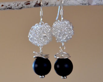 Black Agate Earrings. Matte Agate Silver Wire Ball Earrings. BLACK GALAXY Earrings. Gift For Mom.