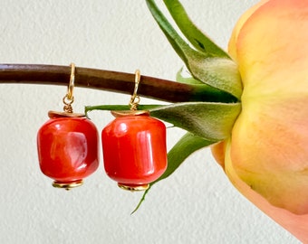 Pink Coral Gold or Silver Hoop Earrings.  Mini Hinged Huggie. Large Natural Salmon Color Coral Earrings. Contemporary Earrings.