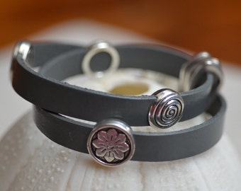 Gray Leather Wrap Bracelet. Genuine Leather Cuff Bracelet. Silver Sliders Bracelet. Unisex Double Wrap Bracelet.