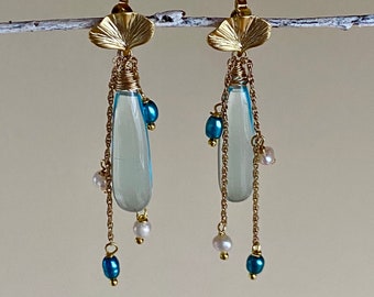 Pale blue quartz teardrop gold earrings. Nature inspired earrings. Raindrops on ginkgo leaves. Smooth light blue quartz, pearl earrings.