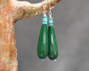 Green jade teardrop silver earrings. Faceted jade and turquoise earrings. Gemstone sterling earrings.