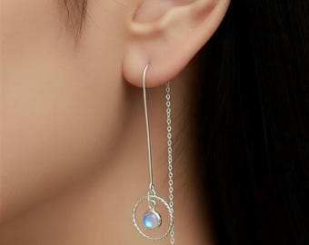 Moonstone sterling threader earrings. Celestial gemstone silver threaders.