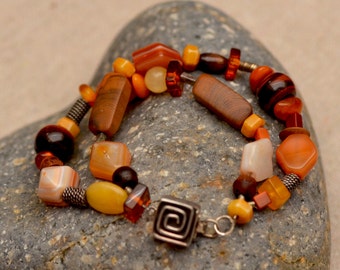 Tiger's eye, carnelian, wood bracelet. Multi strand sterling silver bracelet. Mixed media multicolor gemstone bracelet.