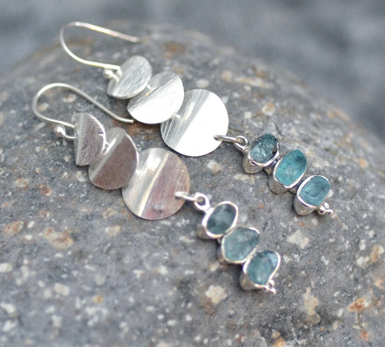Raw aquamarine silver earrings March birthstone Ocean blue gemstone Earrings AQUAMARINE TRIO Sterling Silver earrings Fine jewelry.