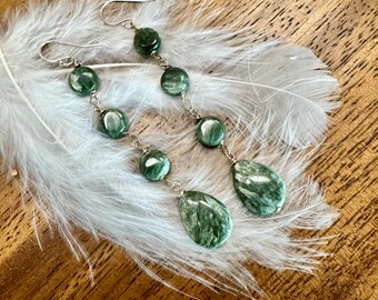 Seraphinite Silver Earrings. Feather Earrings. Sage Color Seraphenite Earrings. Teardrop Gemstone Long Earrings.