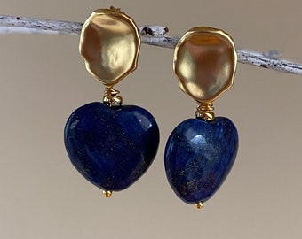 Lapis Lazuli Blue Heart Gold Earrings. Indigo Lazurite Post Earrings. Large Lapis Heart Organic Earrings. Gift for her.