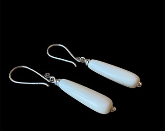 Off white bone teardrop silver earrings. Simple minimalist smooth bone drops. Nature inspired sterling  jewelry.