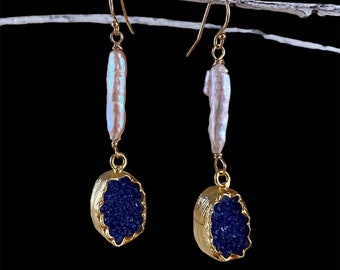 Druse quartz and pearl gold earrings. Navy blue druze and pink pearl stick earrings. Gold edged druzy quartz earrings.