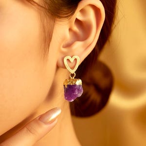 Raw Pink Ruby Gold Heart Dainty Earrings.