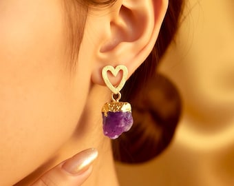 Raw Pink Ruby Gold Heart Dainty Earrings.