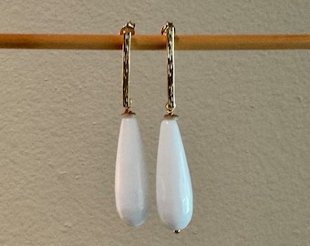 White jade teardrop gold or silver bar earrings.  Bar post earrings. Modern gemstone earrings. Wedding jewelry.