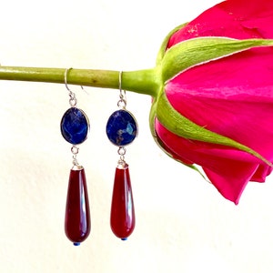 Sodalite red agate silver earrings. Teardrop agate sterling earrings.  Wine color and blue gemstone earrings. Fine jewelry.