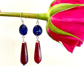 Sodalite red agate silver earrings. Teardrop agate sterling earrings.  Wine color and blue gemstone earrings. Fine jewelry.