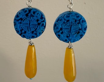 Cinnabar Yellow Onyx Silver Earrings. Blue Carved Cinnabar Earrings. Smooth Teardrop Onyx Earrings. Oriental Style Jewelry.
