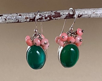 Green Onyx Pink Coral Earrings. Sterling Silver Gemstone Cluster Earrings. Onyx Cabochon Silversmith Jewelry.