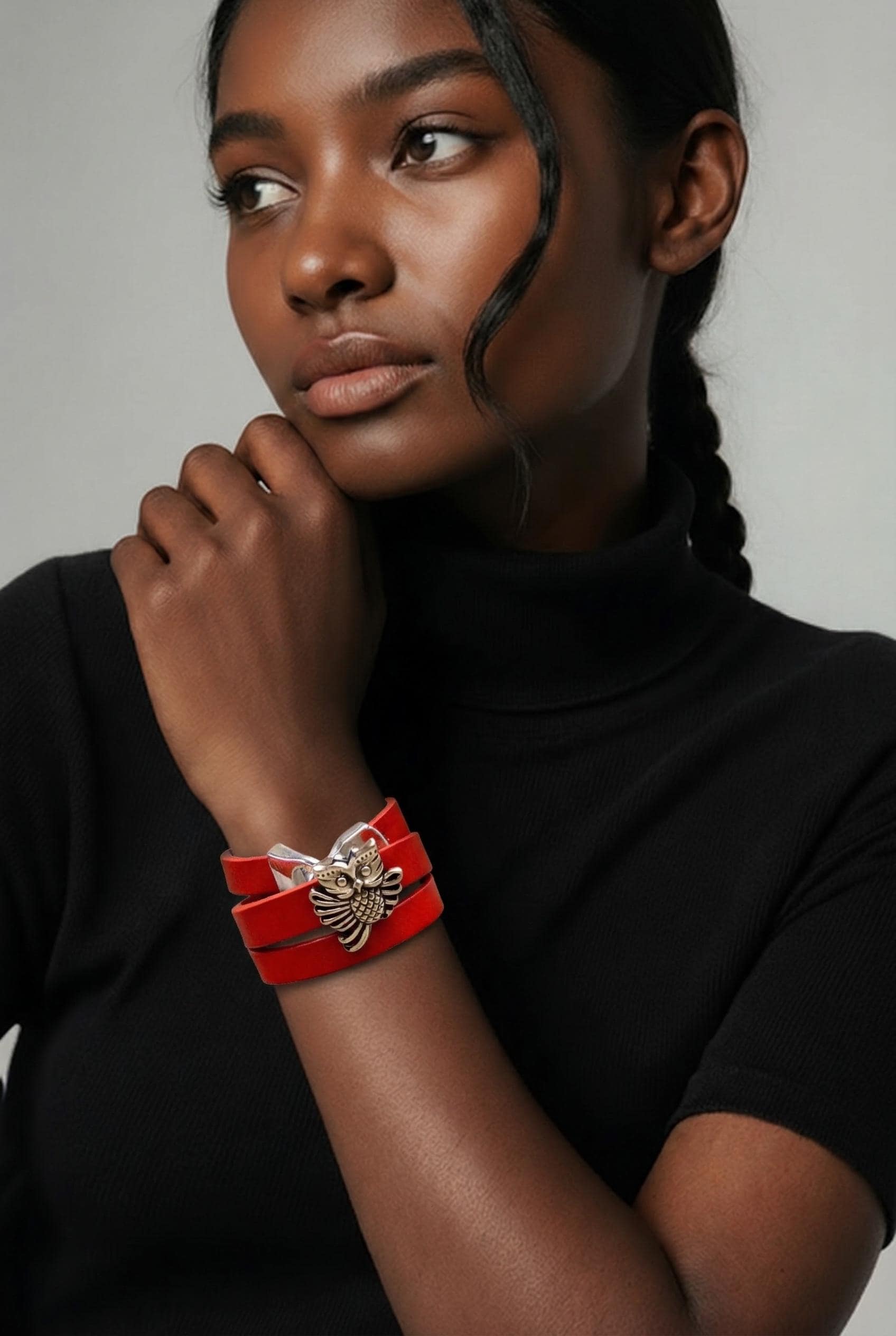 Owl charm red leather cuff bracelet. Unisex double wrap, silver sliders charms.