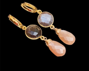 Moonstone teardrop gold earrings. Peach and chocolate moonstone earrings. 14K gold filled hoop  huggies lever back. June birthstone.