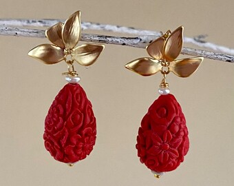 Hand Carved Cinnabar Earrings. Red Carved Teardrop Earrings. Oriental Style Floral Gold Plated Earrings.