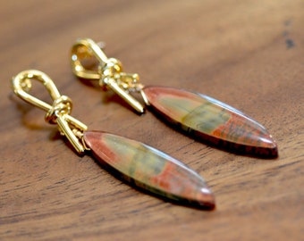 Large Picasso jasper earrings. Gold knot posts. Multi color marquise shaped jasper earrings. Statement jewelry.