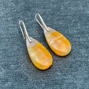 Bumble Bee Jasper Silver Earrings. Yellow Teardrop Tiger Jasper Sterling Earrings. Minimalist Gemstone Earrings. Pinch Bail Hook Closure. image 6