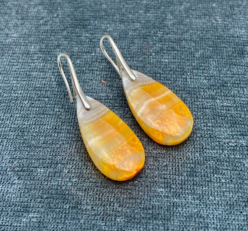 Bumble Bee Jasper Silver Earrings. Yellow Teardrop Tiger Jasper Sterling Earrings. Minimalist Gemstone Earrings. Pinch Bail Hook Closure. image 6