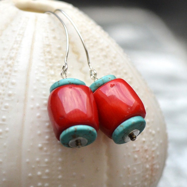 Red coral silver open hoop earrings. Large coral - turquoise threader earrings. Contemporary jewelry.