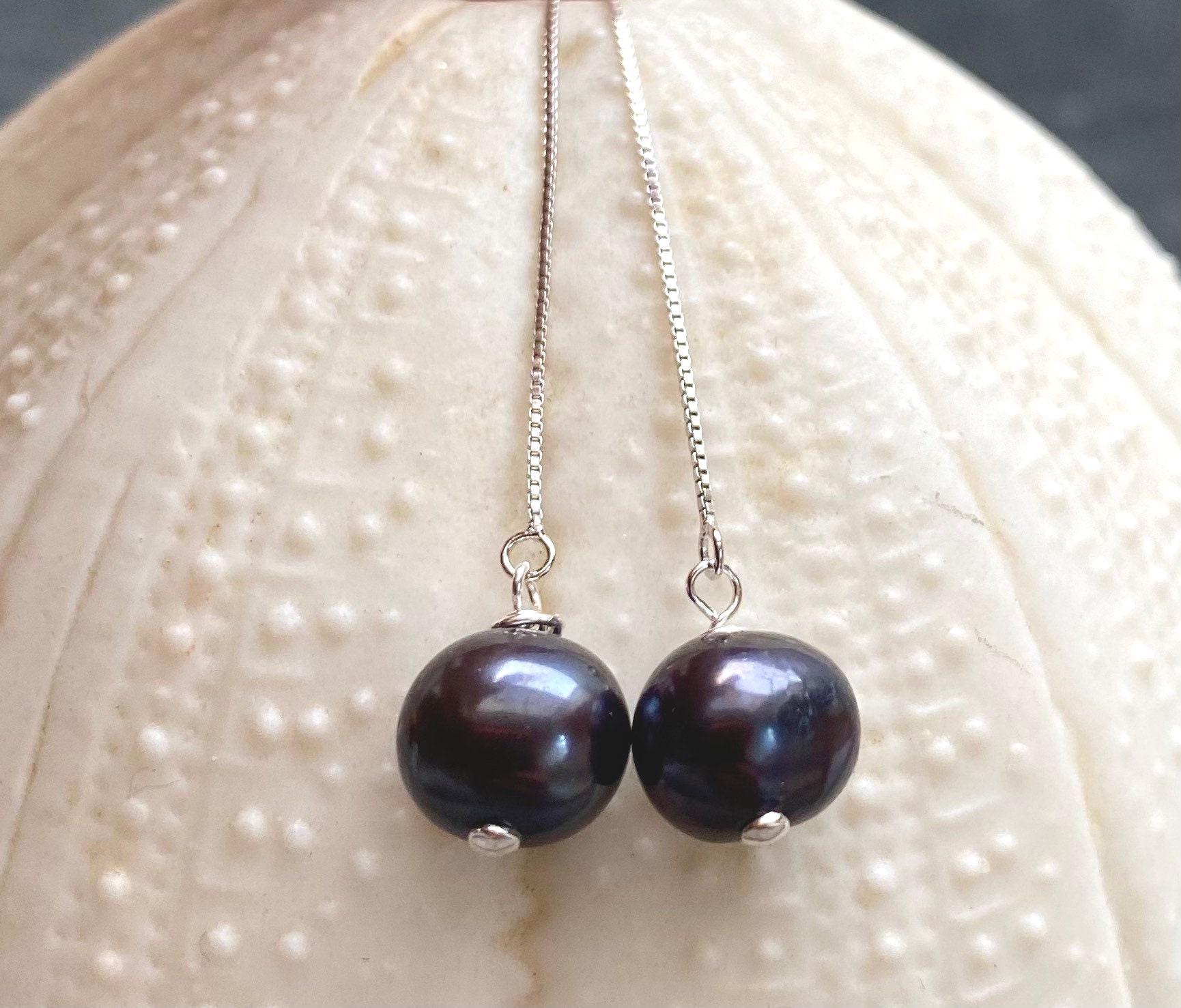 Black pearl sterling ear threaders. Fresh water pearl silver threader…