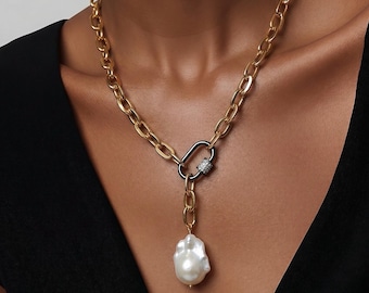 Oversized Baroque Pearl Lariat Necklace, Gold Chain, Pave Lock
