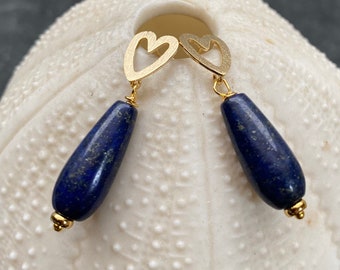 Lapis Lazuli Gold Heart Earrings. Navy Blue Lapis Teardrop Earrings.  Lazurite Post Earrings. Valentine’s Day Gift.