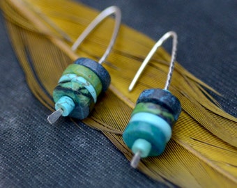 Chrysocolla Stacked Open Hoop Earrings. Handmade Sterling Gemstone Earrings.  Blue and Green Button Earrings. Contemporary Disk Earrings.