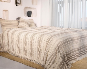 Handwoven Queen Cotton Bedspread: Brown Striped Boho Throw