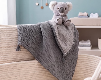 GOTS Certified Organic Cotton Muslin Baby Blanket, Handmade Crochet Edging, Pom-Pom Corners, Muslin Swaddle