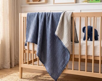 Indigo Blue Organic Cotton Muslin Baby Blanket, Handmade Crochet Edging, Pom-Pom Corners, Newborn Blanket