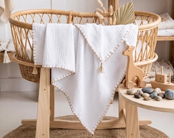 GOTS Certified Organic Cotton Muslin Baby Blanket, Handmade Crochet Edging, Pom-Pom Corners, Muslin Swaddle