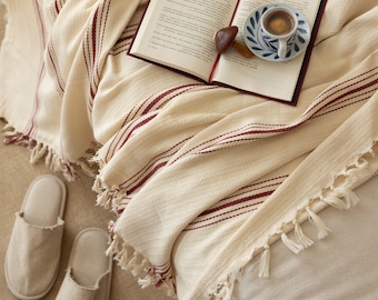 Handmade Burgundy Striped Cotton Throw Blanket: Boho Farmhouse Bedspread