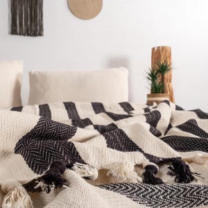 Black Striped Beige Bedspread, Cotton Bed Cover, Throw Blanket, Turkish Bedspreads, Queen King Size Bed Throw Black Stripes with Tassels