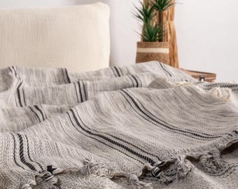 Cotton Boho Bed Throw Blanket With Tassels: Handwoven Bed Cover