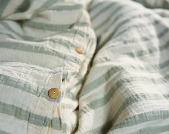 Green Striped Muslin Duvet Cover Set: 100% Cotton Boho Bedding