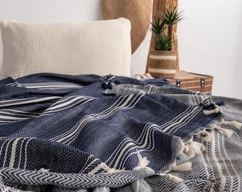 Handwoven Blue and White Striped Cotton Throw Blanket with Tassels