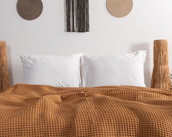 Caramel Organic Cotton Waffle Bedspread: Soft Cozy Bed Cover