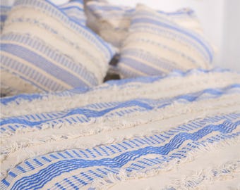 Indigo Striped Cotton Queen Bedspread: Handwoven Boho Farmhouse Throw