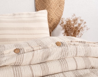 Ivory Striped Muslin Duvet Cover: 100% Cotton Boho Bedding