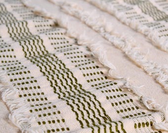 Green Striped Cotton Bedspread: Handwoven Queen Coverlet with Tassels