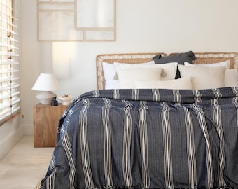 Striped Cotton Throw Blanket: Boho Farmhouse Bedspread, Sofa Cover
