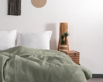 Sage Green Waffle Cotton Bedspread: Queen King Size Cozy Blanket