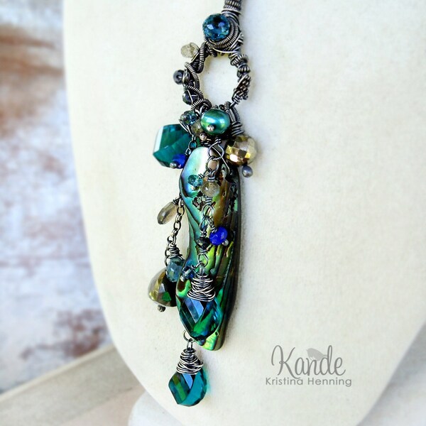 Sale Peacock Teal Necklace Green Abalone Shell London Blue Topaz Oxidized Sterling Silver Lapis Kande