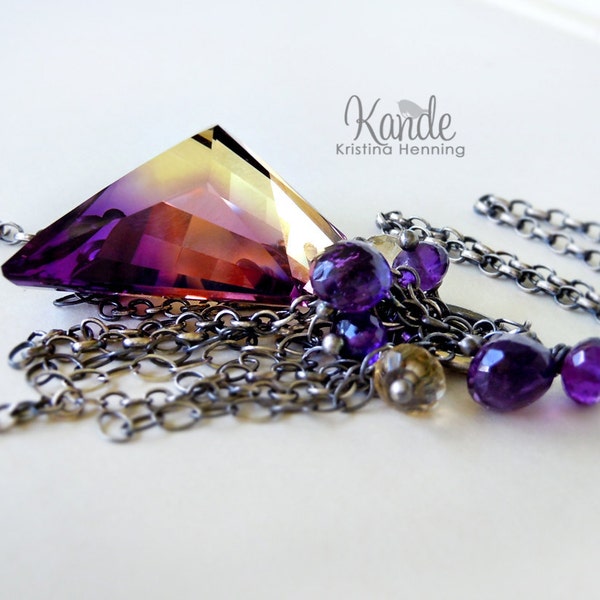 Sale Ametrine Gemstone Necklace Oxidized Silver Purple Gold Colrful Bold Fall Fashion Kande