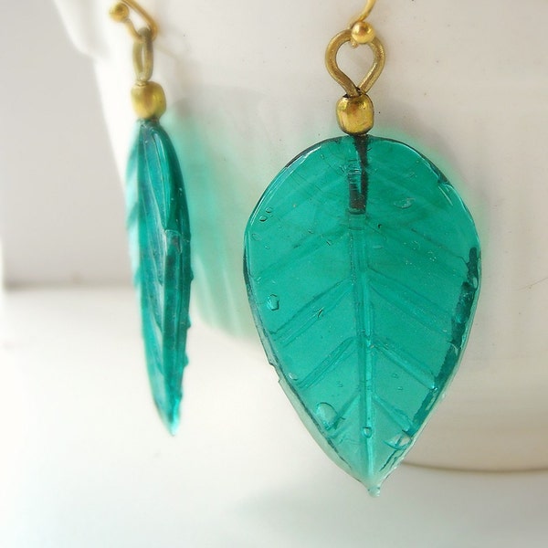 SALE Daphne Earrings - vintage glass leaf and 22kt vermeil